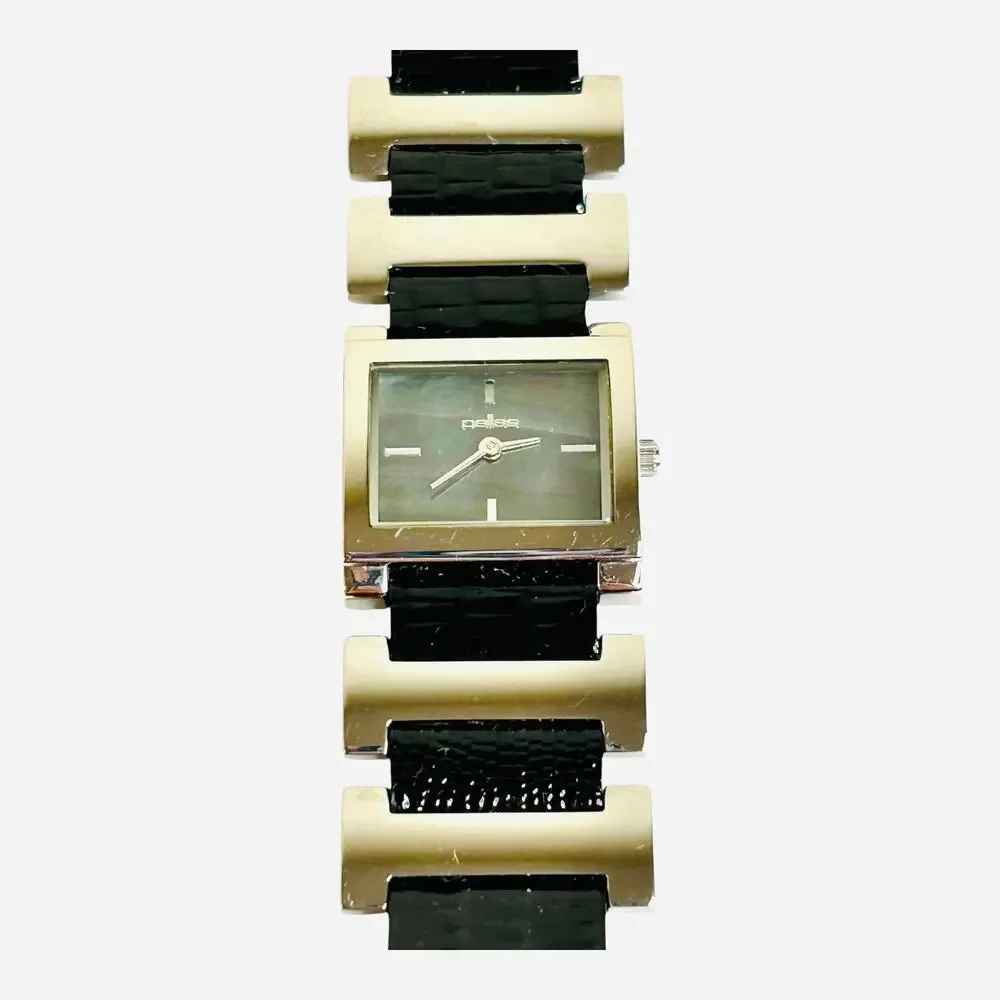 Pallas Watch Made in Germany Silver Tone Bezel Accents Face Black Leather Band